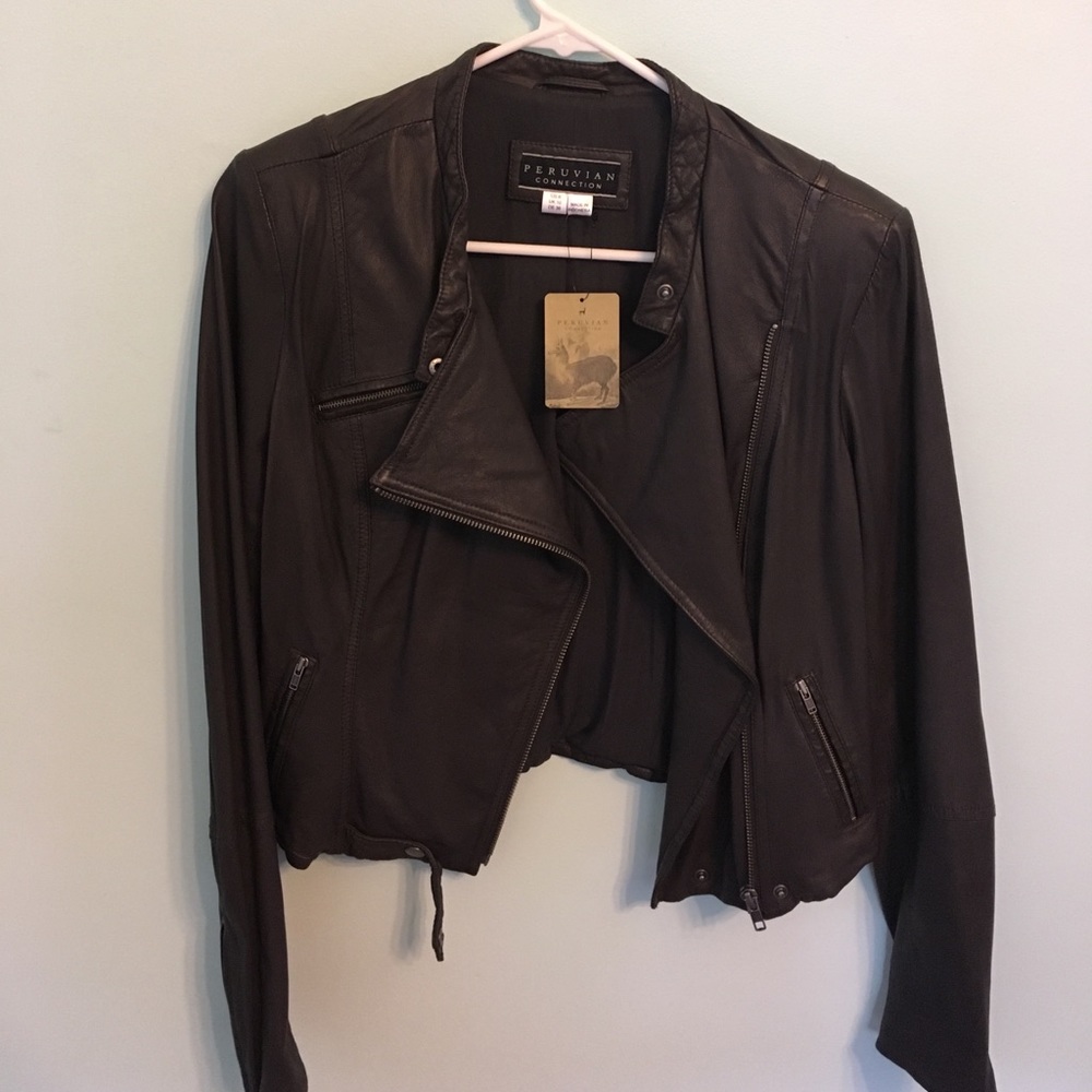 Peruvian Connection brown leather moto jacket -nwt